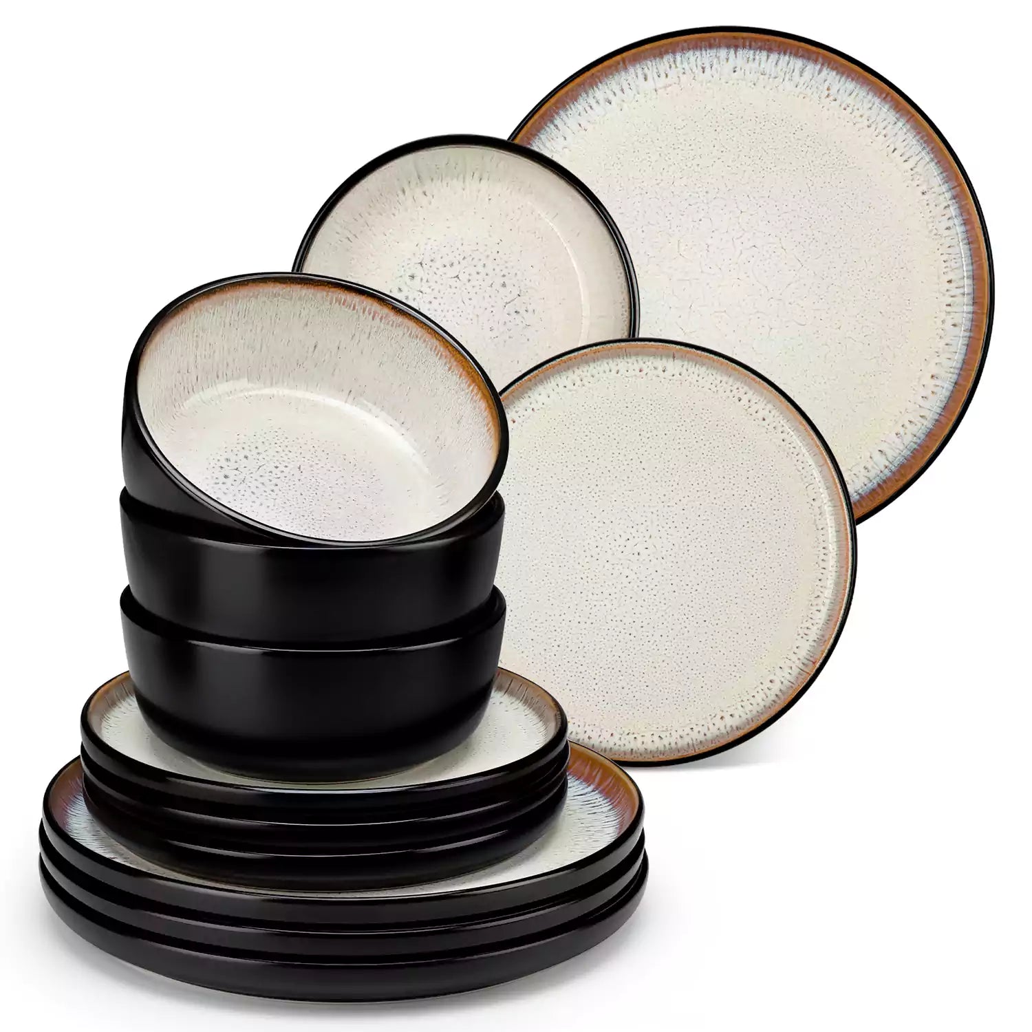 Rustic dining table with Amber 12-piece stoneware dinnerware in farmhouse beige - featuring reactive glaze plates - bowls - and utensils by vancasso