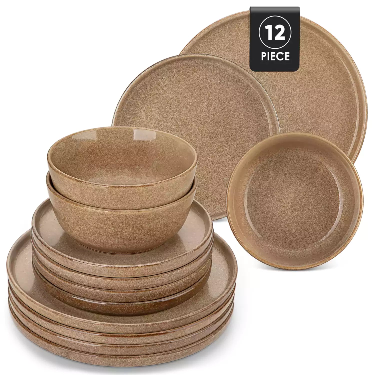 Caramel stoneware plates and bowls with reactive glaze on farmhouse wooden table with woven placemats