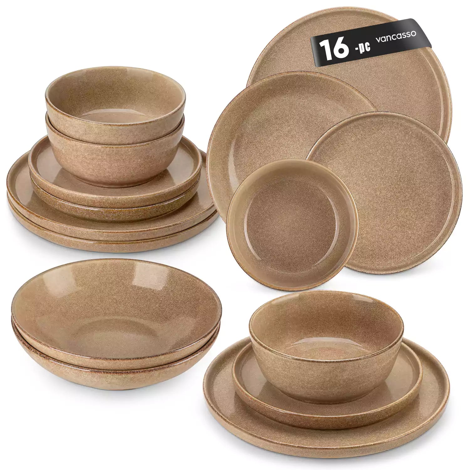 Handcrafted caramel stoneware with reactive glaze on woven placemats - perfect for farmhouse tables