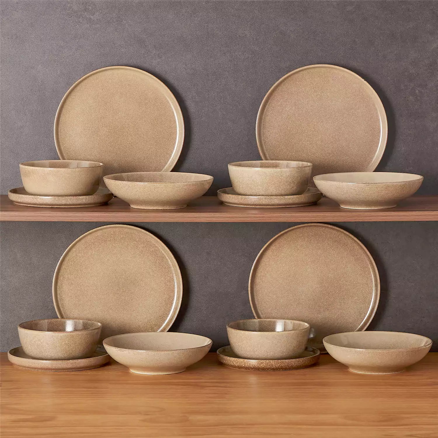 Handcrafted caramel stoneware with reactive glaze on woven placemats - perfect for farmhouse tables
