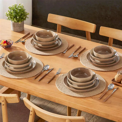 Handcrafted caramel stoneware with reactive glaze on woven placemats - perfect for farmhouse tables