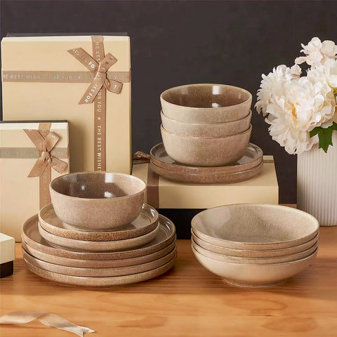 Handcrafted caramel stoneware with reactive glaze on woven placemats - perfect for farmhouse tables