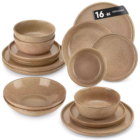 Handcrafted caramel stoneware with reactive glaze on woven placemats - perfect for farmhouse tables
