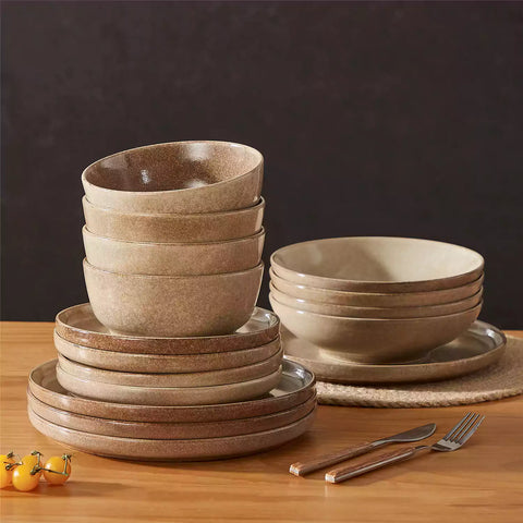 Handcrafted caramel stoneware with reactive glaze on woven placemats - perfect for farmhouse tables