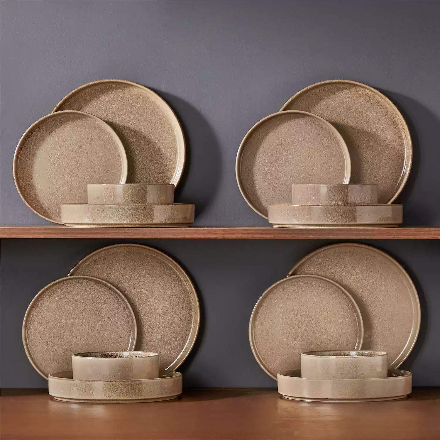 Anya 16 piece straight edge stoneware dinner set in caramel with pasta soup and pastries on a modern farmhouse table