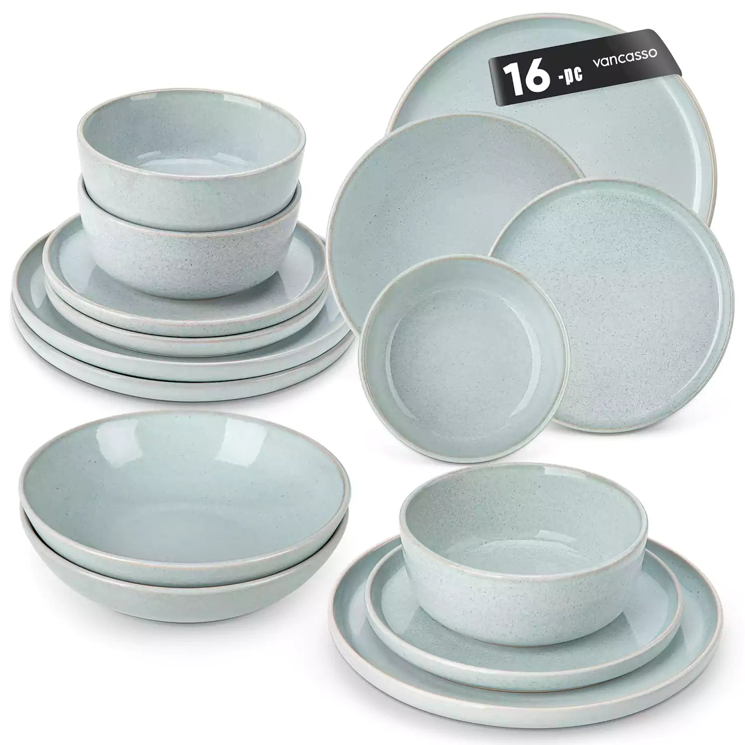 Handcrafted mint green stoneware with reactive glaze on woven placemats - perfect for farmhouse tables