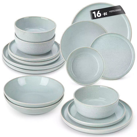 Handcrafted mint green stoneware with reactive glaze on woven placemats - perfect for farmhouse tables