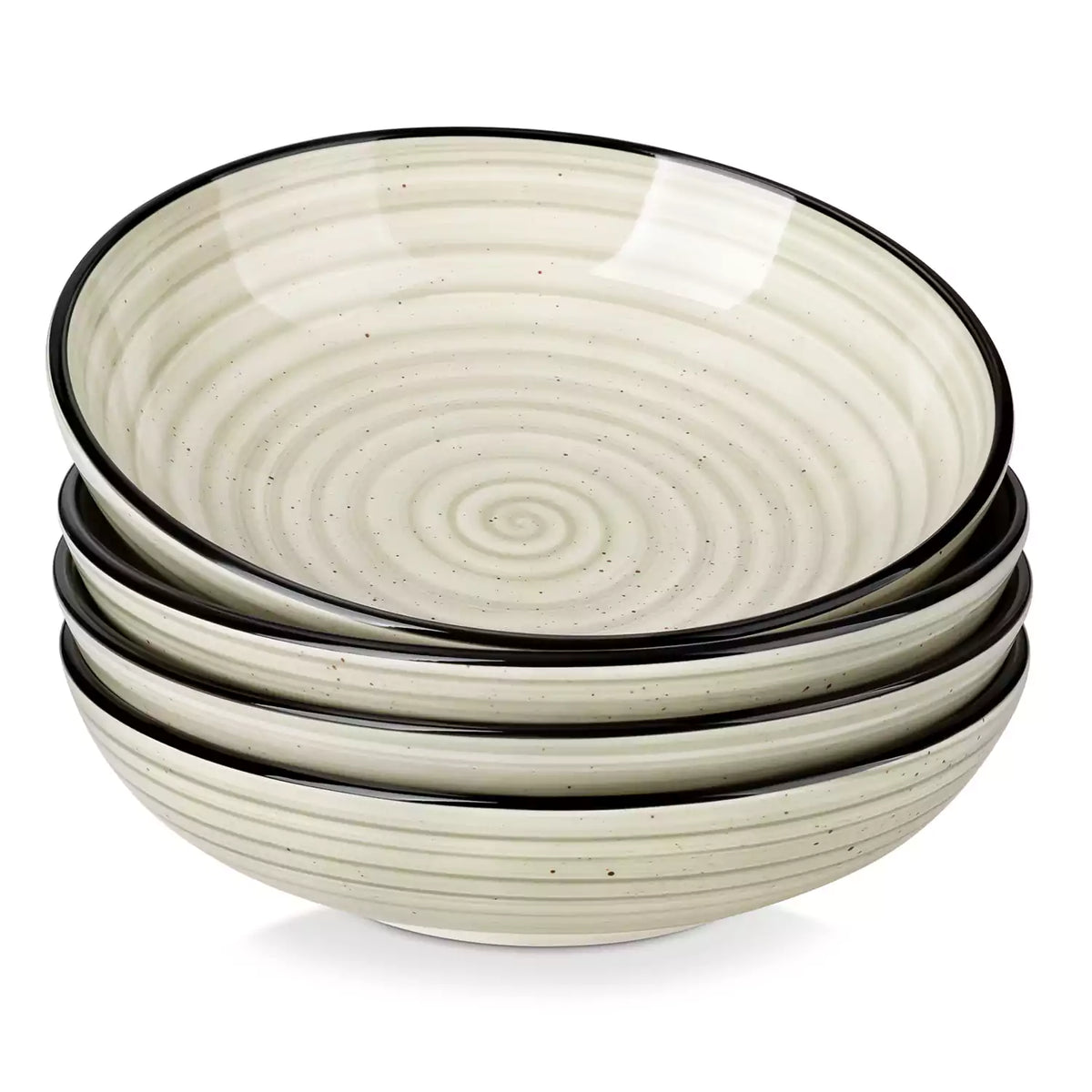Bonbon stoneware pasta bowls in beige with spiral speckled glaze on a styled dining table