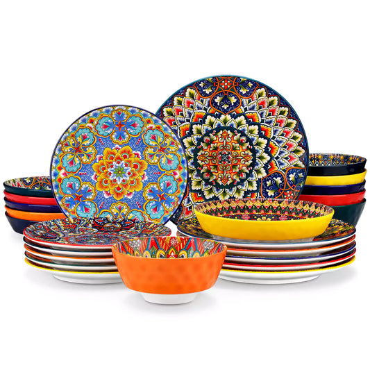 Lumi 24 piece porcelain dinnerware set with vibrant patterns stacked on a wooden table with colorful placemats and assorted dishes 1500