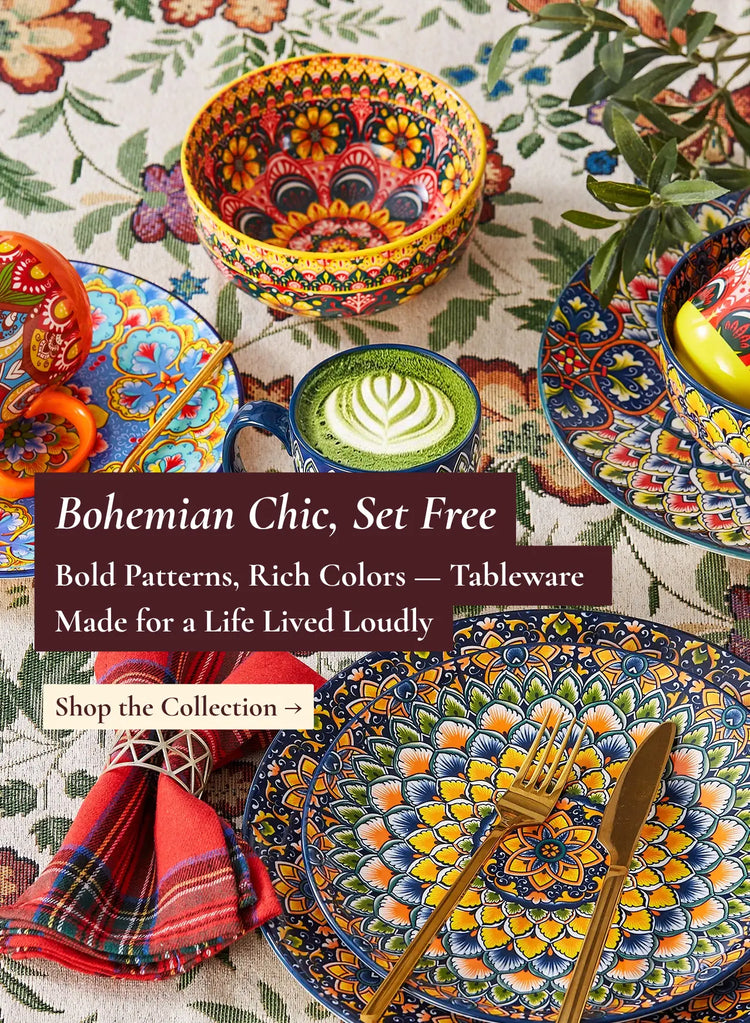 Lumi bohemian porcelain mugs rose milk tea with mandala plates red plaid napkin white roses on floral tablecloth