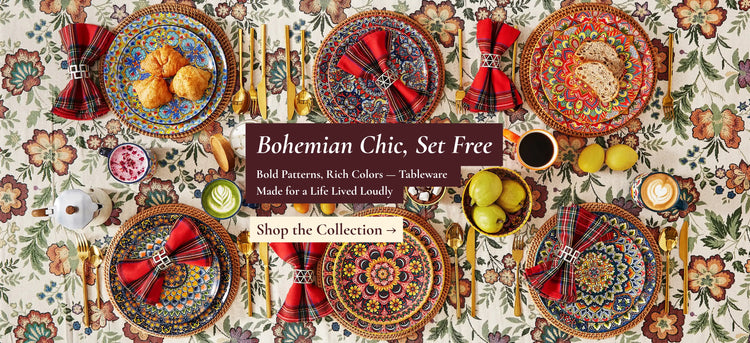 Lumi bohemian porcelain dinnerware and mug set breakfast table flat lay bread coffee pears lemons moka pot gold flatware