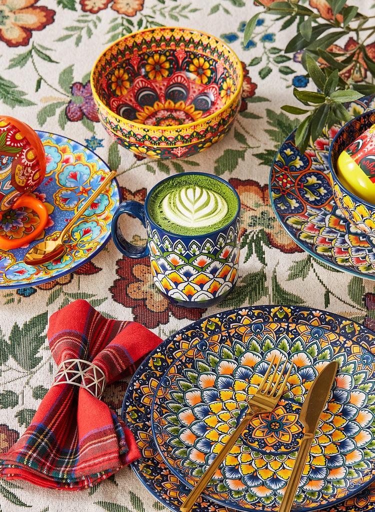 Lumi bohemian porcelain mug set matcha latte with mandala plates bowl red plaid napkin gold flatware on floral tablecloth