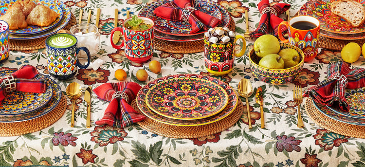 Lumi bohemian porcelain mugs set of 6 croissants coffee fruit bowl on woven placemats floral tablecloth table spread