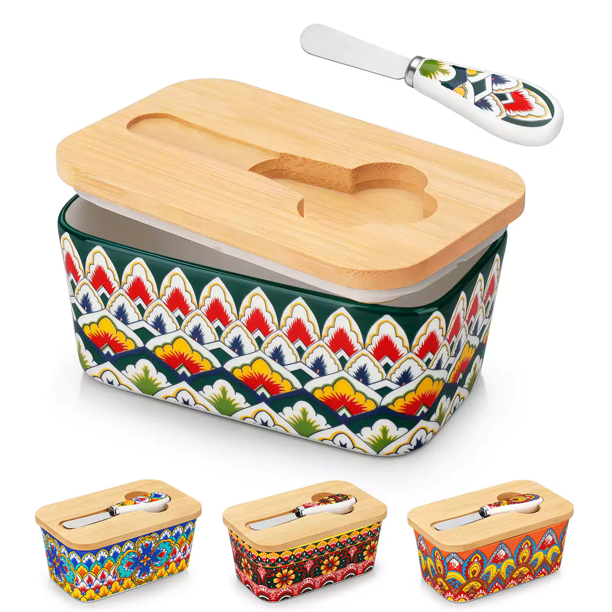 Lumi forest green porcelain butter dish with lid in vibrant Bohemian pattern on a wooden table