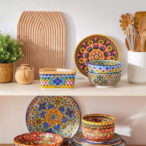 Lumi vibrant blue porcelain butter dish with lid in vibrant Bohemian pattern on a wooden table