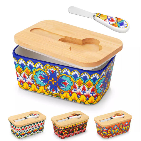 Lumi vibrant blue porcelain butter dish with lid in vibrant Bohemian pattern on a wooden table