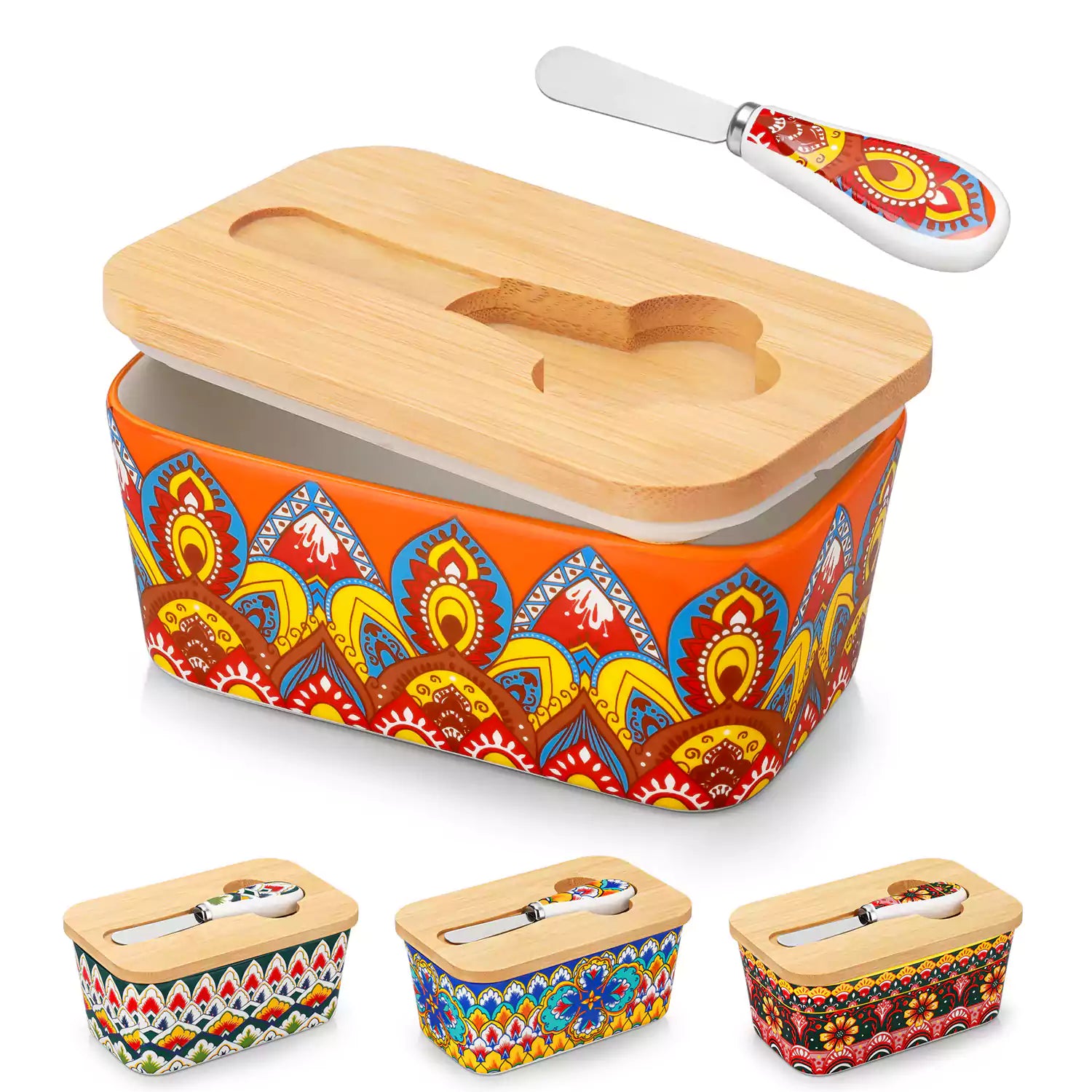 Lumi bold orange porcelain butter dish with lid in vibrant Bohemian pattern on a wooden table