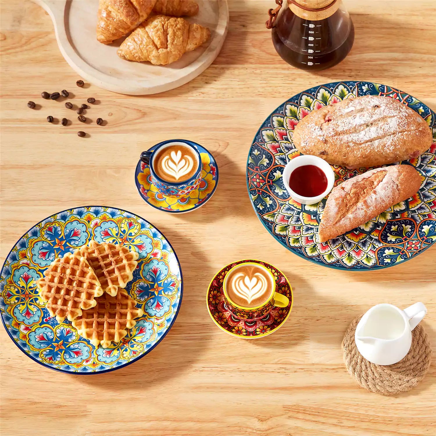 Lumi 6 piece 3oz porcelain coffee cup and saucer set with vibrant  pattern Bohemian design on a rustic wooden table