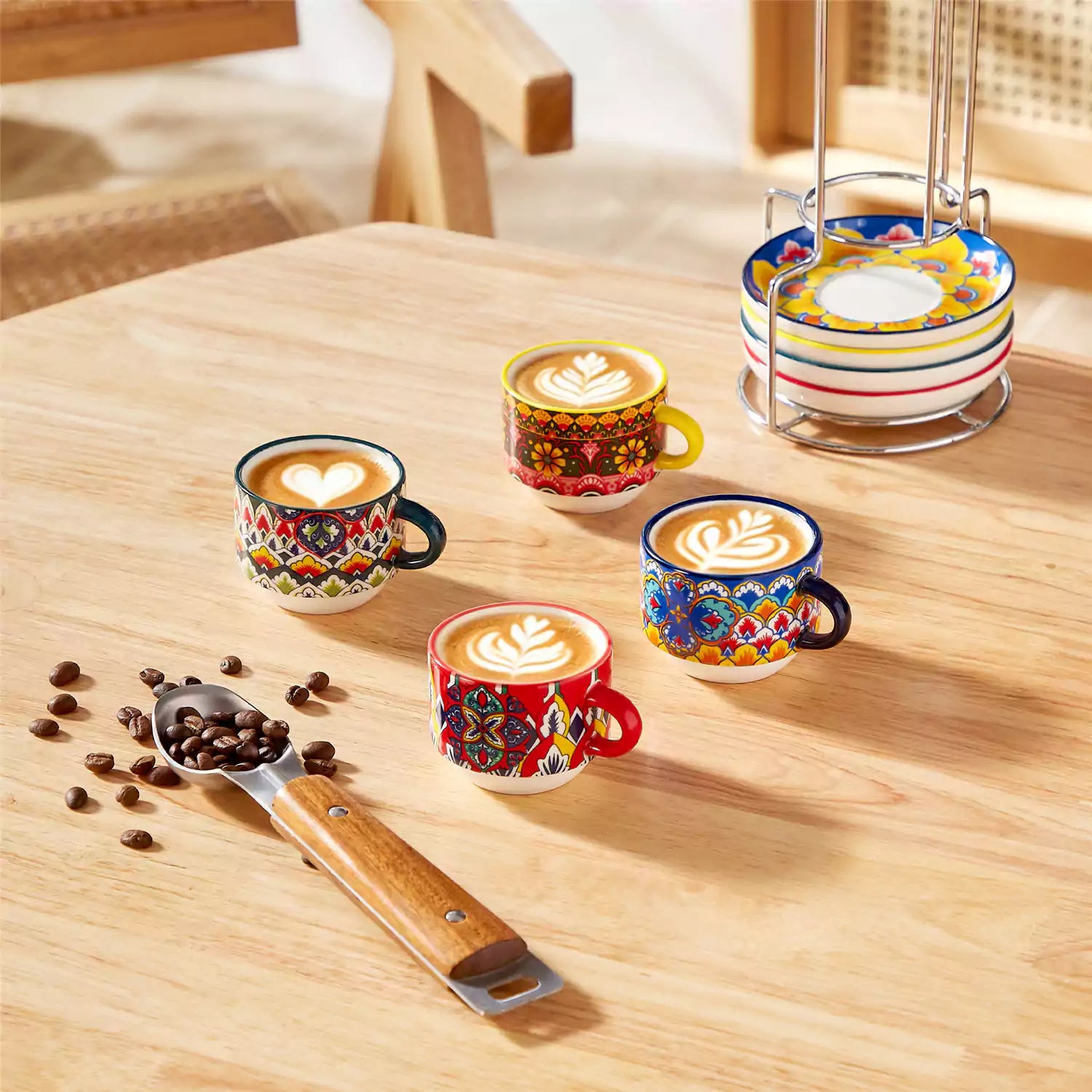 Lumi 6 piece 3oz porcelain coffee cup and saucer set with vibrant  pattern Bohemian design on a rustic wooden table