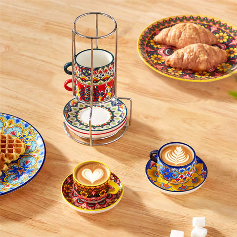 Lumi 6 piece 3oz porcelain coffee cup and saucer set with vibrant  pattern Bohemian design on a rustic wooden table