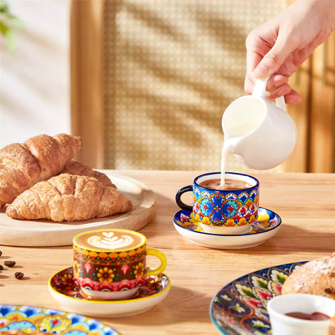 Lumi 6 piece 3oz porcelain coffee cup and saucer set with vibrant  pattern Bohemian design on a rustic wooden table