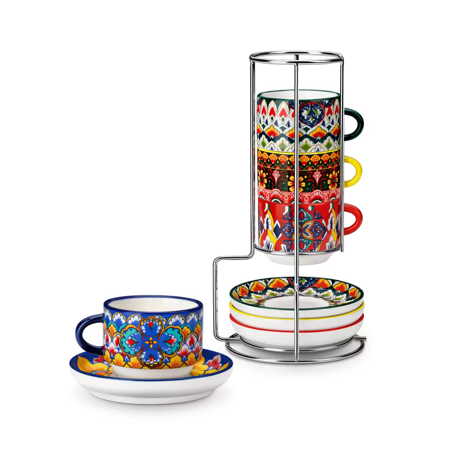 Lumi 6 piece 3oz porcelain coffee cup and saucer set with vibrant  pattern Bohemian design on a rustic wooden table
