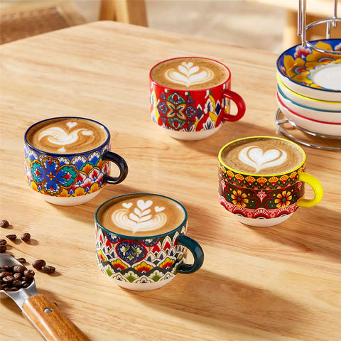 Lumi 6 piece 5oz porcelain coffee cup and saucer set with vibrant  pattern Bohemian design on a rustic wooden table