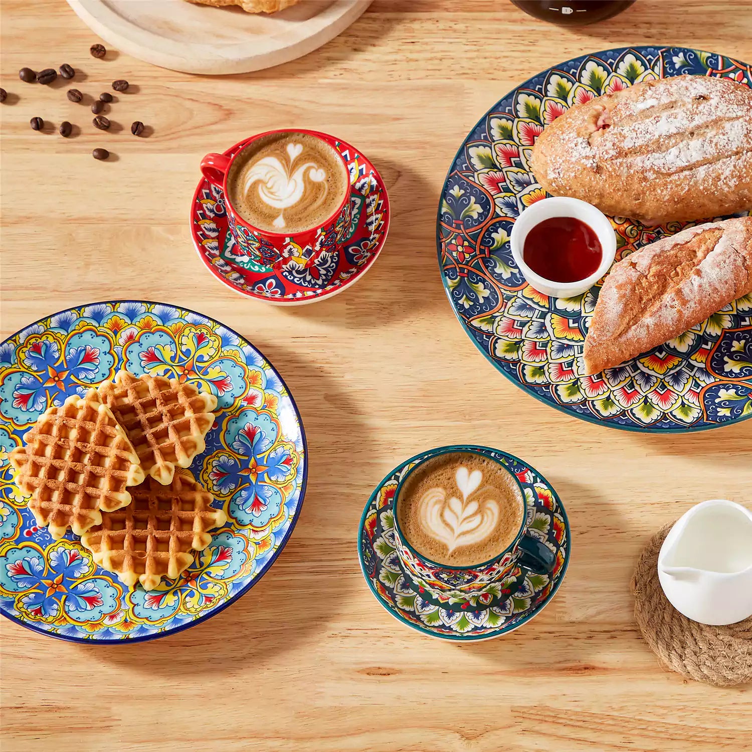 Lumi 6 piece 5oz porcelain coffee cup and saucer set with vibrant  pattern Bohemian design on a rustic wooden table