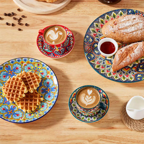 Lumi 6 piece 5oz porcelain coffee cup and saucer set with vibrant  pattern Bohemian design on a rustic wooden table