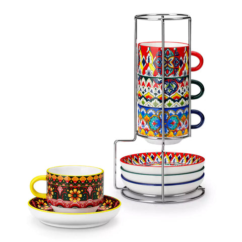 Lumi 6 piece 5oz porcelain coffee cup and saucer set with vibrant  pattern Bohemian design on a rustic wooden table