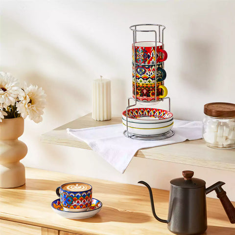Lumi 6 piece 5oz porcelain coffee cup and saucer set with vibrant  pattern Bohemian design on a rustic wooden table