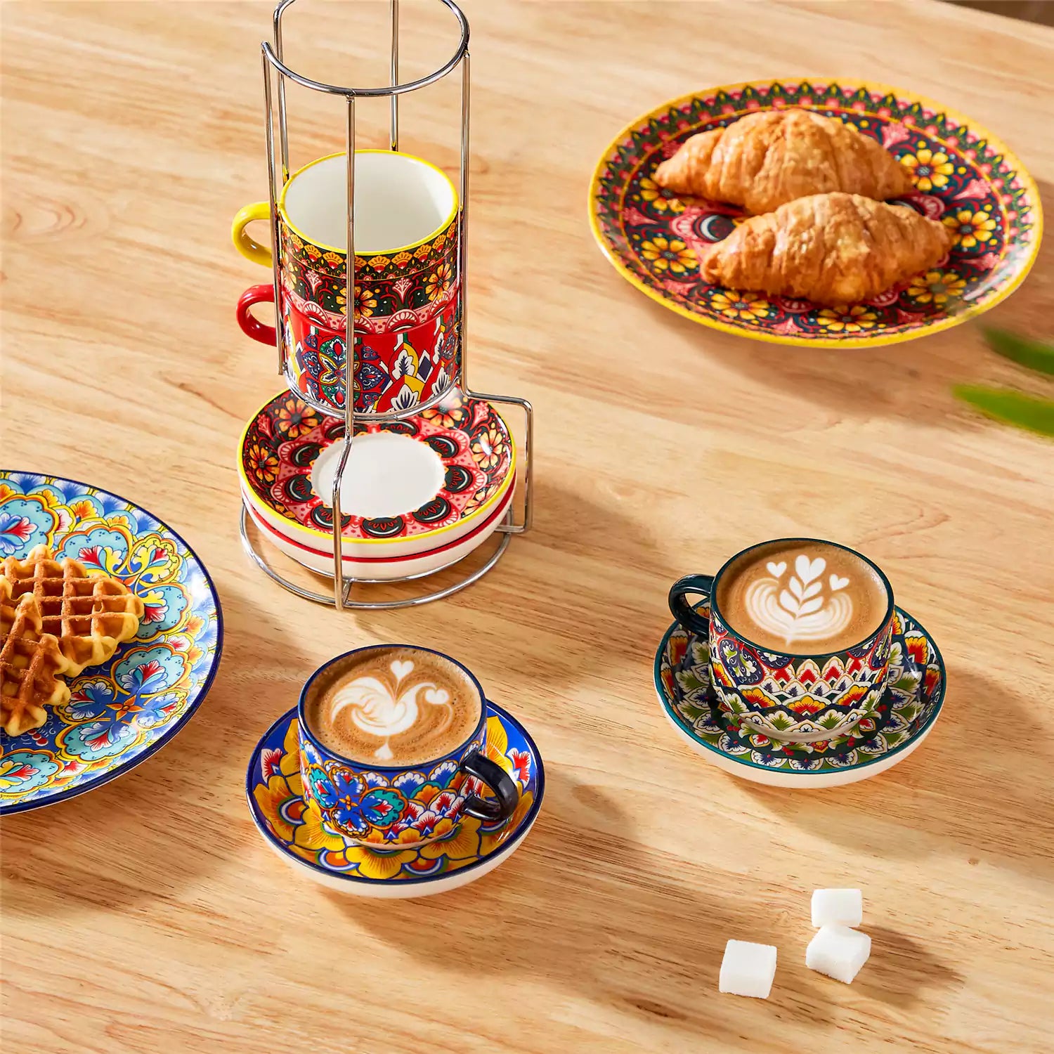 Lumi 6 piece 3oz porcelain coffee cup and saucer set with vibrant  pattern Bohemian design on a rustic wooden table