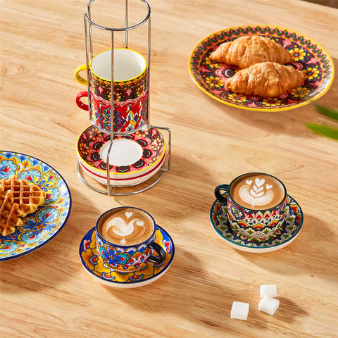 Lumi 6 piece 3oz porcelain coffee cup and saucer set with vibrant  pattern Bohemian design on a rustic wooden table