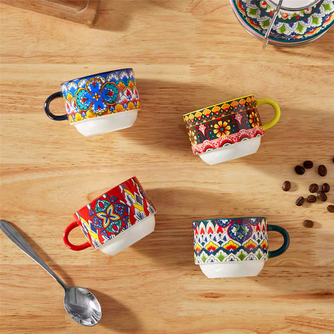 Lumi 6 piece 5oz porcelain coffee cup and saucer set with vibrant  pattern Bohemian design on a rustic wooden table