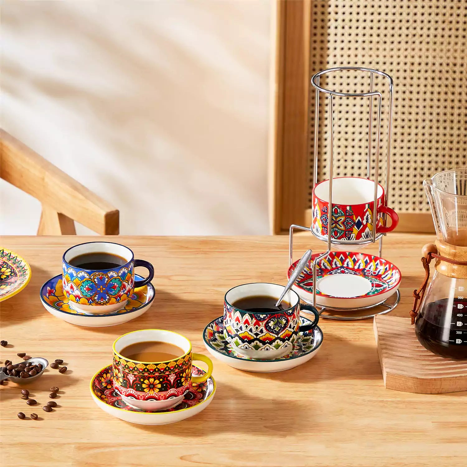 Lumi 6 piece 9oz porcelain coffee cup and saucer set with vibrant  pattern Bohemian design on a rustic wooden table
