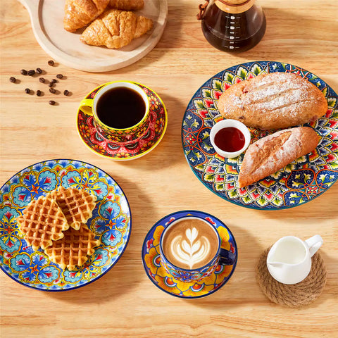 Lumi 6 piece 9oz porcelain coffee cup and saucer set with vibrant  pattern Bohemian design on a rustic wooden table