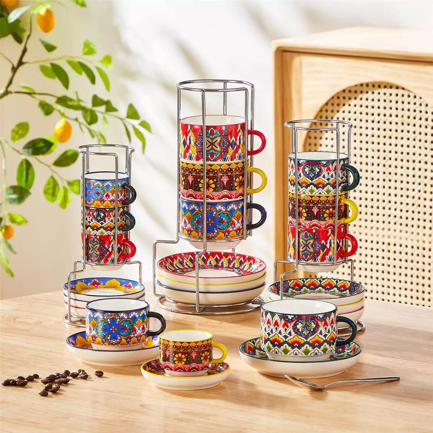 Lumi 6 piece 9oz porcelain coffee cup and saucer set with vibrant  pattern Bohemian design on a rustic wooden table