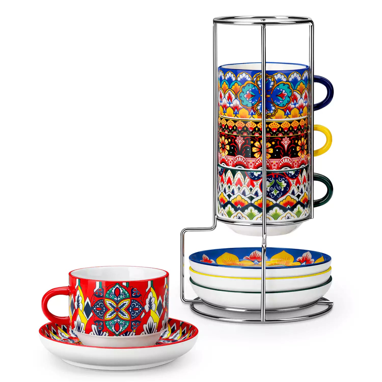 Lumi 6 piece 9oz porcelain coffee cup and saucer set with vibrant  pattern Bohemian design on a rustic wooden table