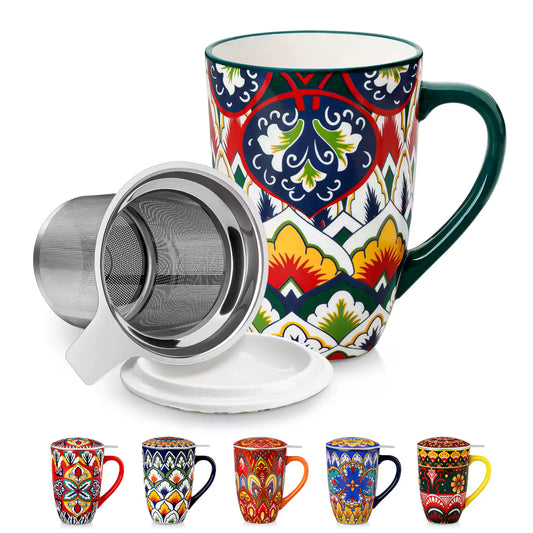 Lumi forest green porcelain tea mug with infuser and lid featuring vibrant Bohemian pattern on a wooden desk with laptop and plant 1500