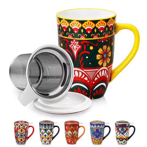 Lumi lemon yellow porcelain tea mug with infuser and lid featuring vibrant Bohemian pattern on a wooden desk with laptop and plant