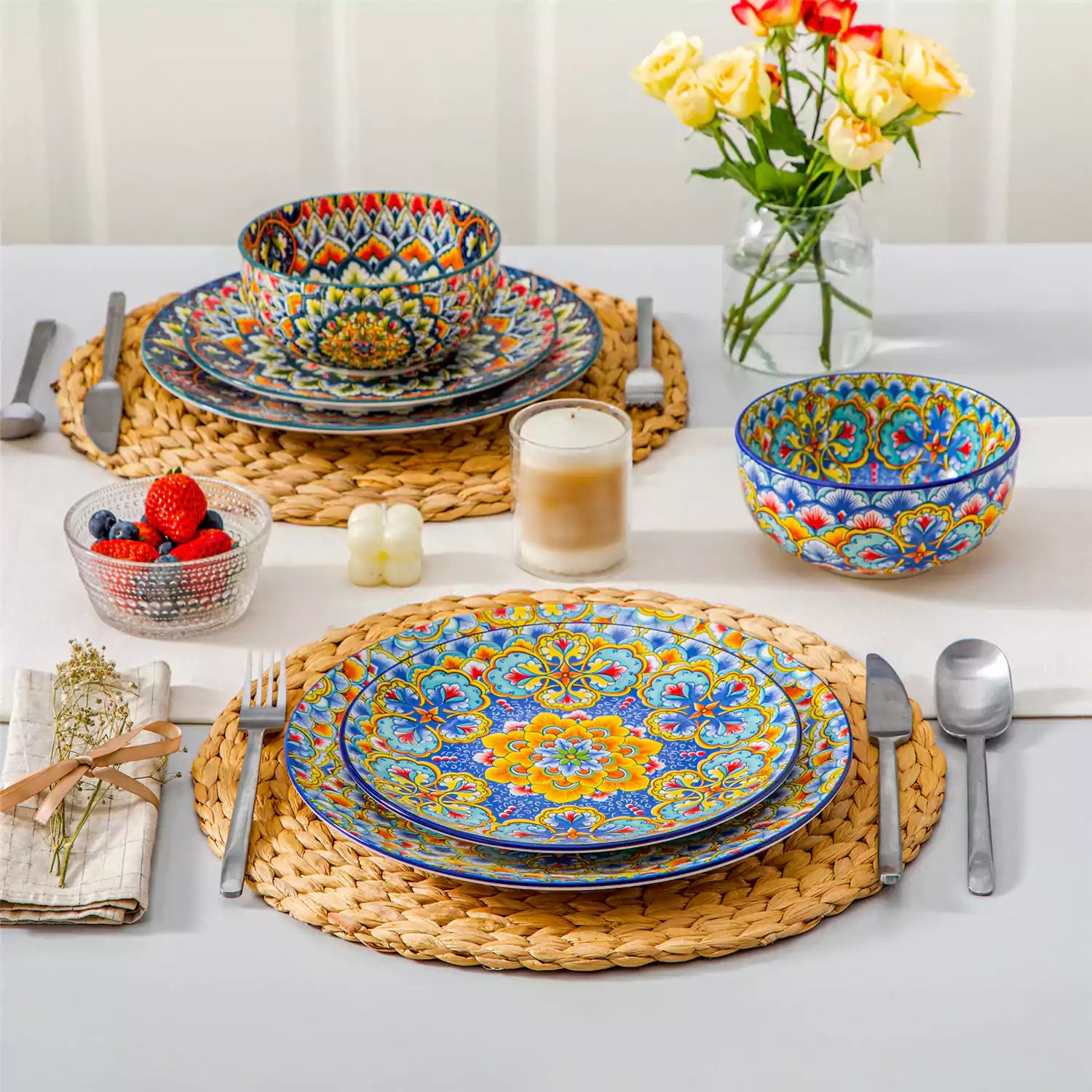 Lumi 6-piece 10.5'' Bohemian dinner plates with colorful mandala patterns on a white table with fruit and cutlery