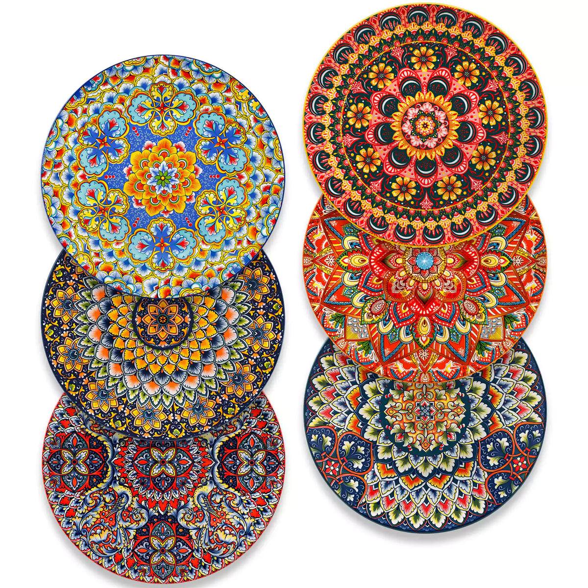 Lumi 6-piece 10.5'' Bohemian dinner plates with colorful mandala patterns on a white table with fruit and cutlery