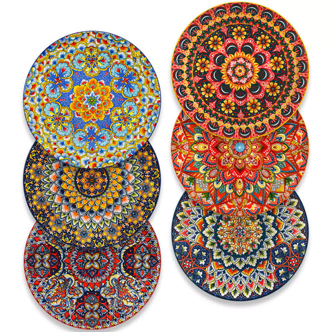 Lumi 6-piece 10.5'' Bohemian dinner plates with colorful mandala patterns on a white table with fruit and cutlery