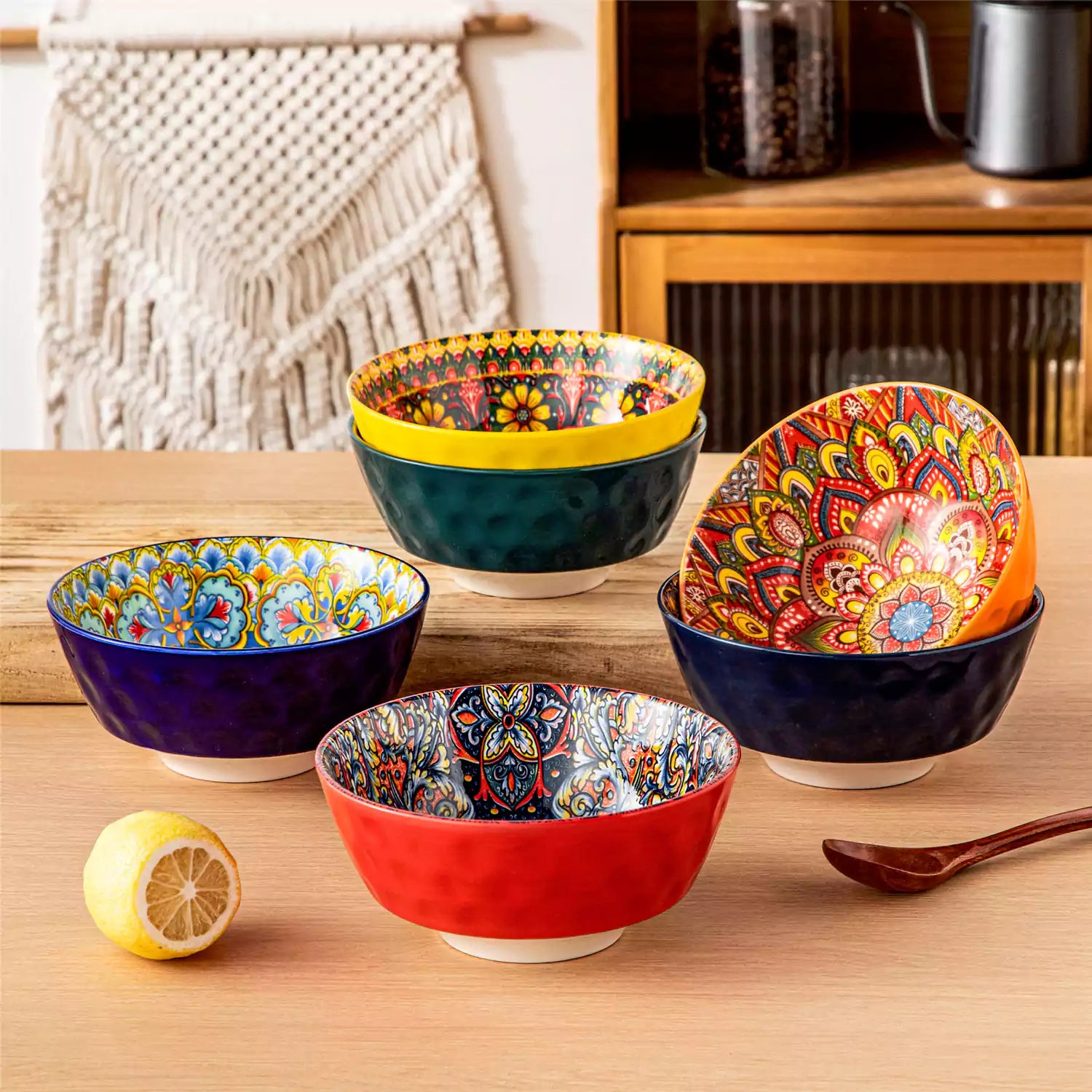 Colorful 26oz Lumi porcelain bowls on rattan placemats filled with oatmeal berries roasted broccoli and cherries on a linen table runner