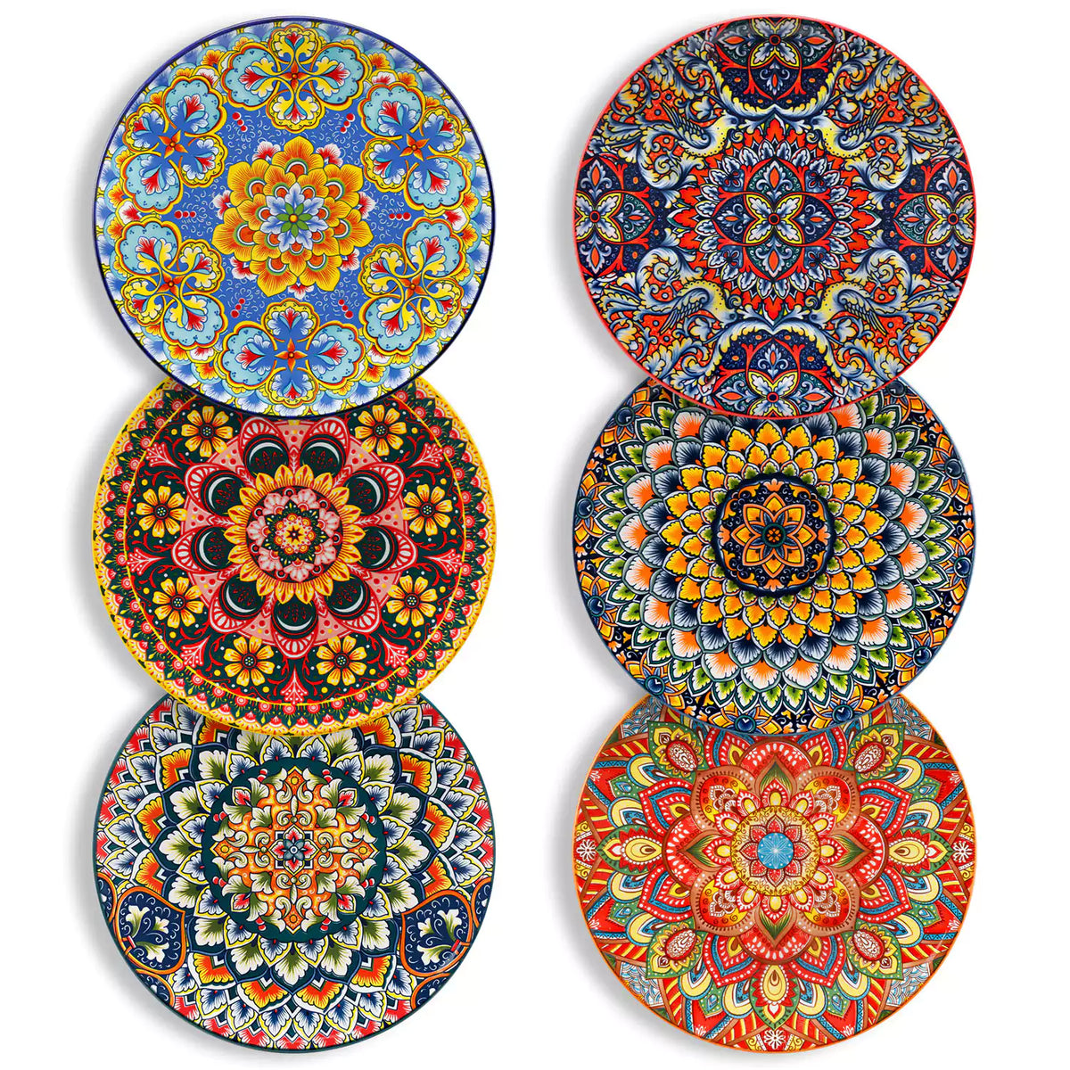 Lumi 8.5'' Bohemian salad plates set of 6 with vibrant patterns served with fresh food and cutlery on a bright table