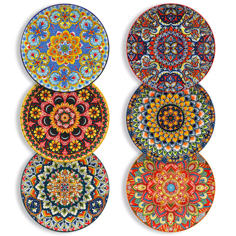 Lumi 8.5'' Bohemian salad plates set of 6 with vibrant patterns served with fresh food and cutlery on a bright table