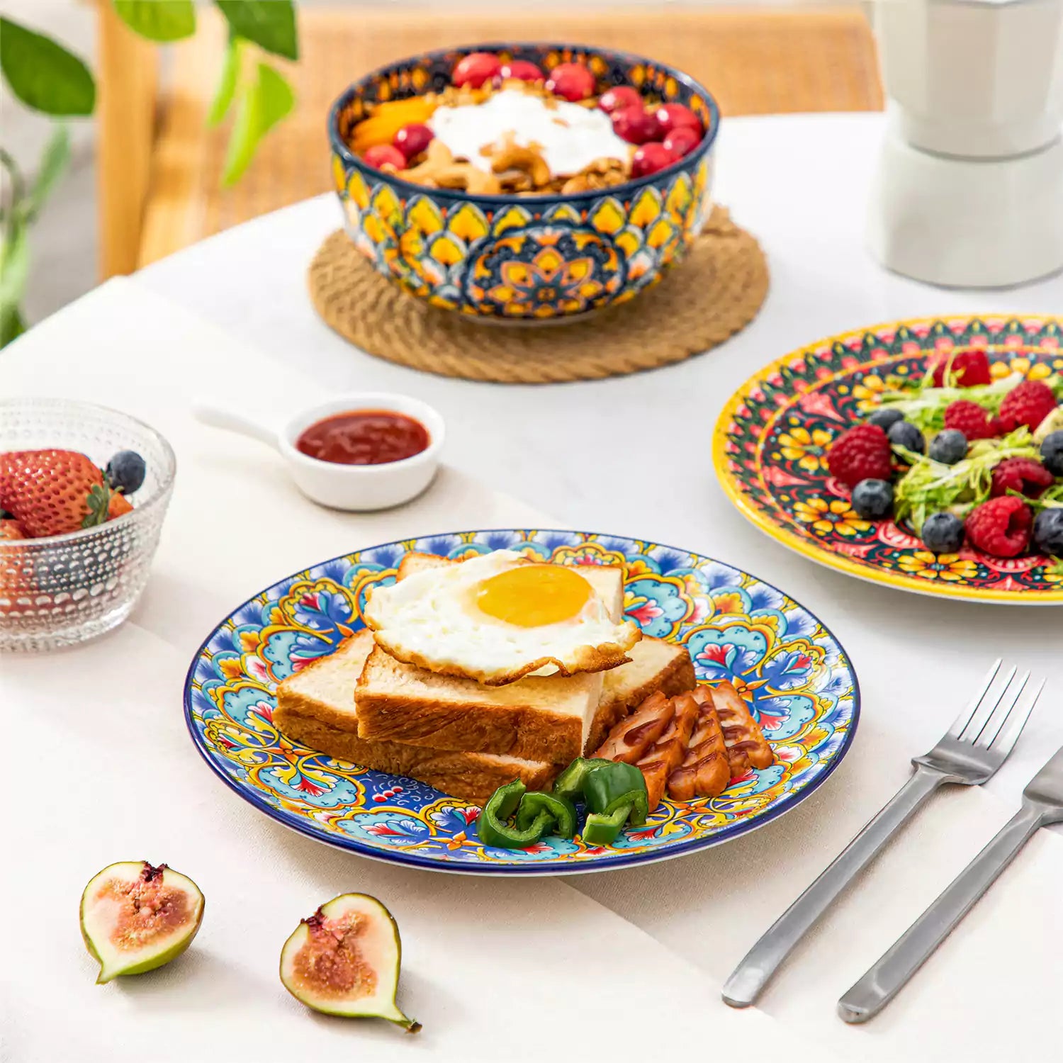 Lumi 8.5'' Bohemian salad plates set of 6 with vibrant patterns served with fresh food and cutlery on a bright table