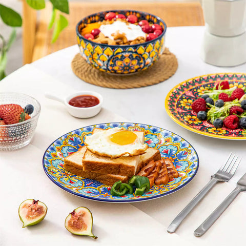 Lumi 8.5'' Bohemian salad plates set of 6 with vibrant patterns served with fresh food and cutlery on a bright table