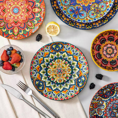 Lumi 8.5'' Bohemian salad plates set of 6 with vibrant patterns served with fresh food and cutlery on a bright table