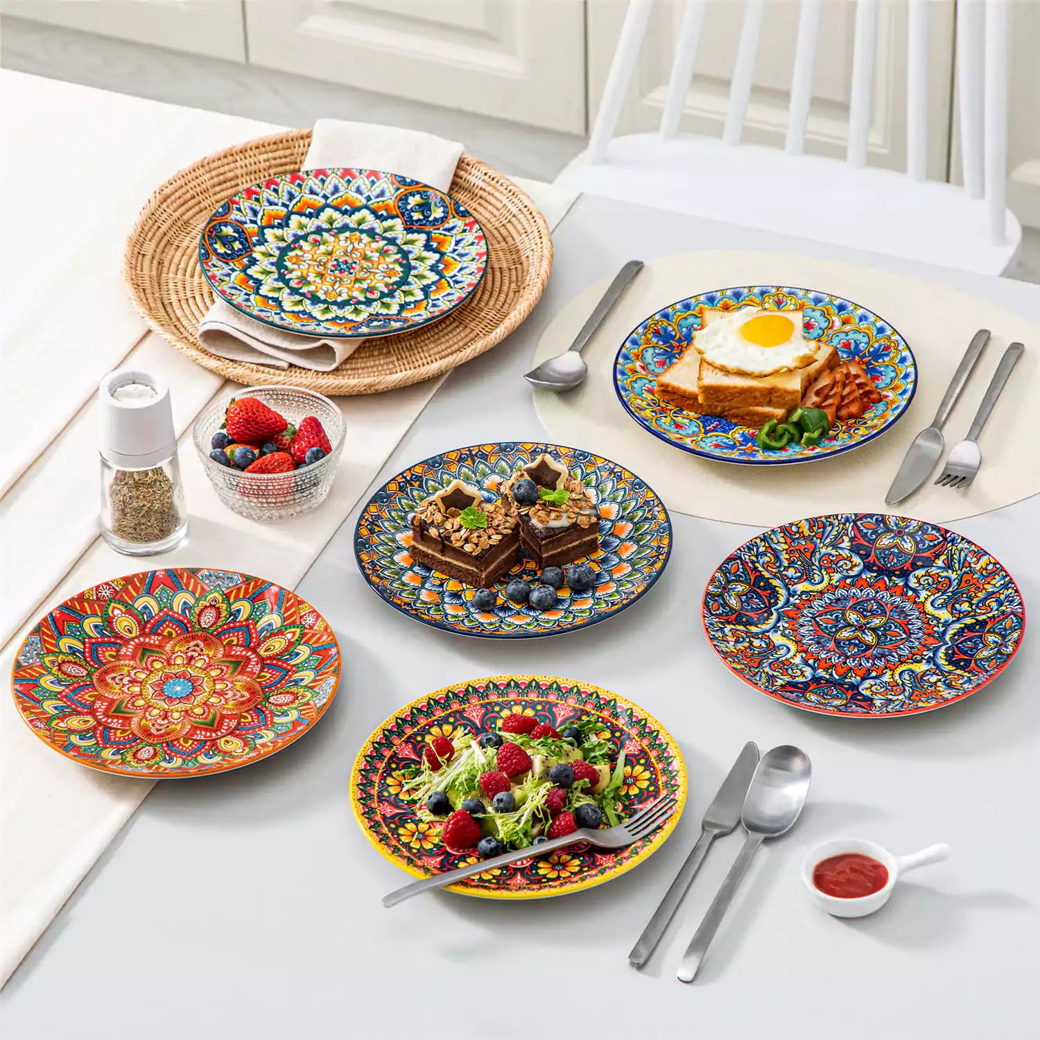 Lumi 8.5'' Bohemian salad plates set of 6 with vibrant patterns served with fresh food and cutlery on a bright table